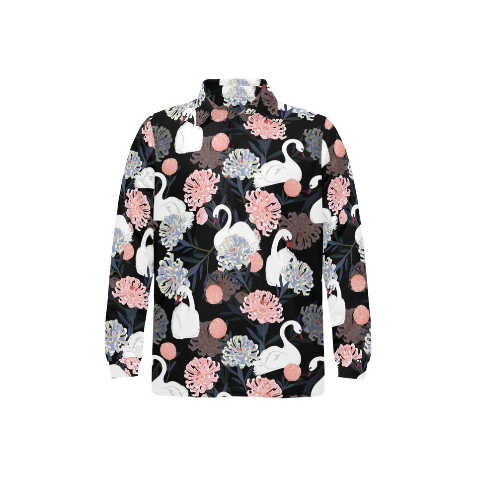 white swan blooming flower pattern Men's Long Sleeve Polo Shirt