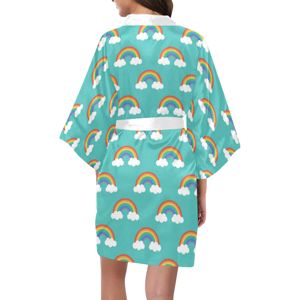 Rainbow pattern green background Women's Short Kimono Robe