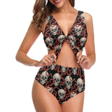 Red snake skull pattern Chest Bowknot High Waisted Bikini Swimsuit