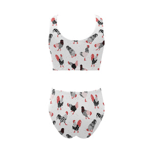 Cool rooster chicken cock floral ornament backgrou Chest Bowknot High Waisted Bikini Swimsuit