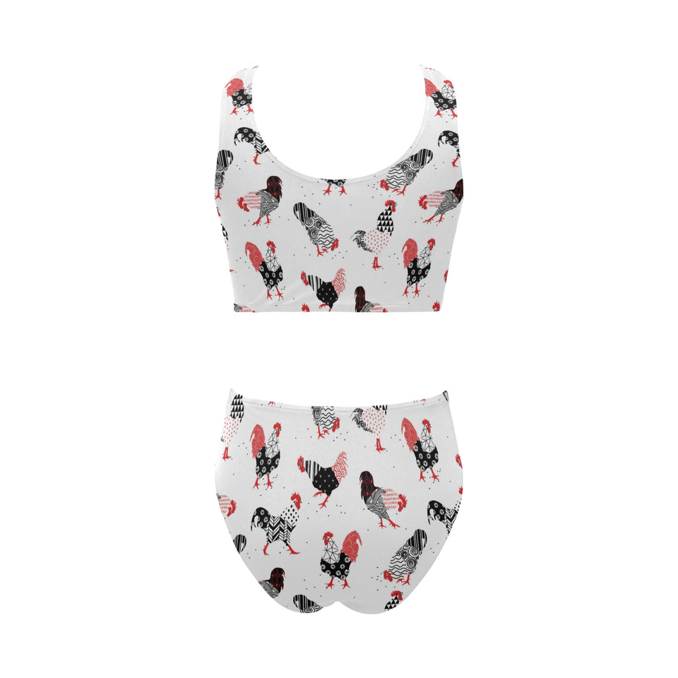 Cool rooster chicken cock floral ornament backgrou Chest Bowknot High Waisted Bikini Swimsuit