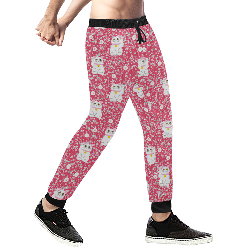 Maneki neko cat sakura pink background Unisex Casual Sweatpants