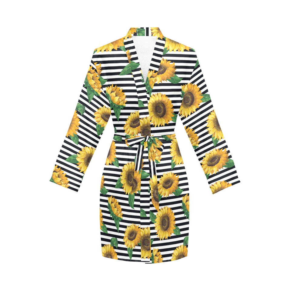sunflowers ribbon background Women's Long Sleeve Belted Night Robe