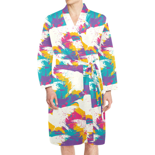 Colorful crow illustration pattern Men's Long Sleeve Belted Night Robe