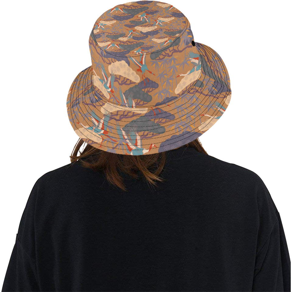 Bonsai bamboo stork japanese pattern brown theme Unisex Bucket Hat