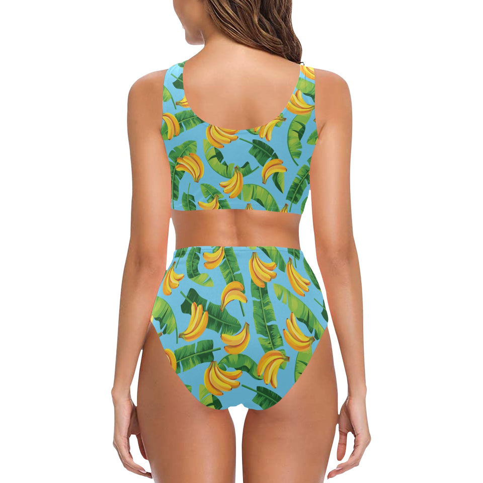 banana leaves banana design pattern Chest Bowknot High Waisted Bikini Swimsuit