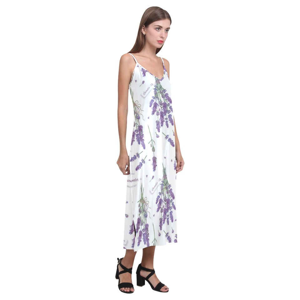 lavender flower design pattern V-Neck Open Fork Long Dress