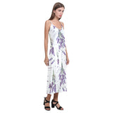 lavender flower design pattern V-Neck Open Fork Long Dress