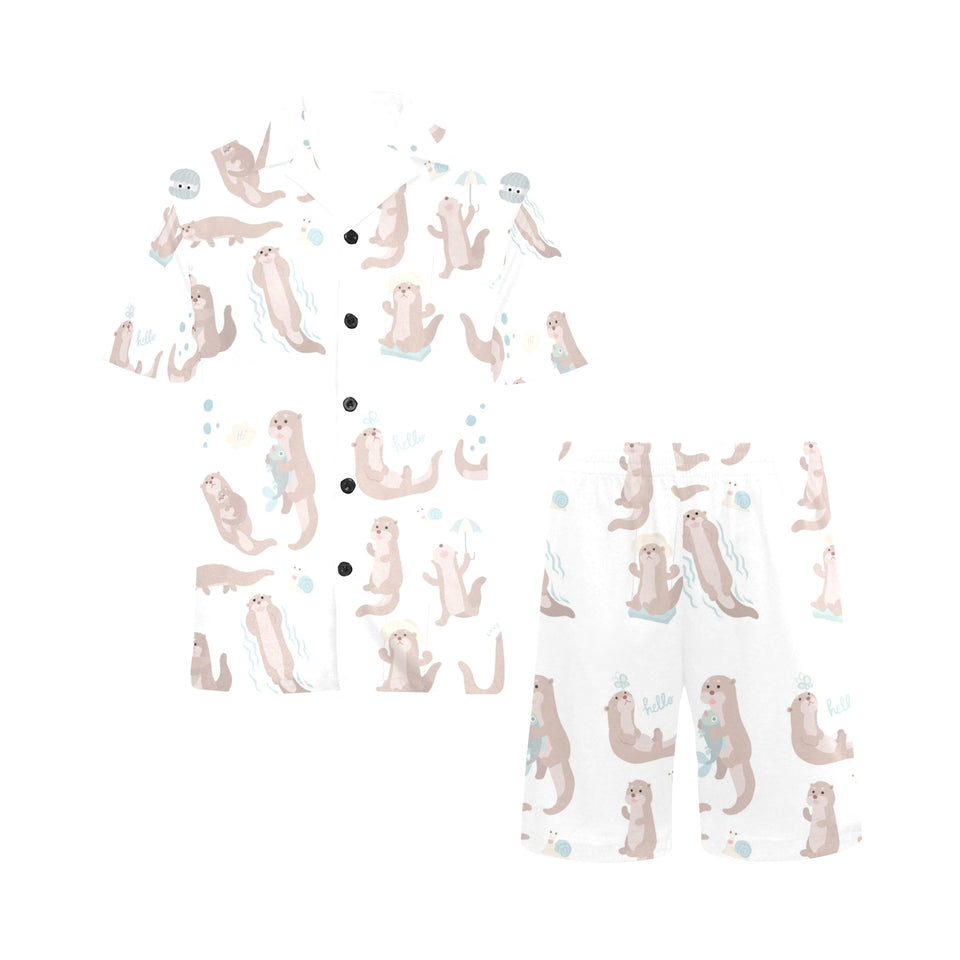 Cute sea otters pattern Men's V-Neck Short Pajama Set