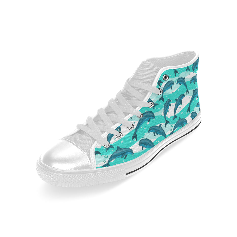 Dolphin sea pattern Men's High Top Canvas Shoes White