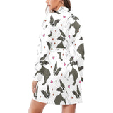 Boston terrier dog hearts vector pattern Women's Long Sleeve Belted Night Robe