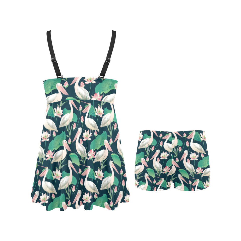 Pelican Pattern Print Design 03 Chest Sexy Pleated Two Piece Swim Dress