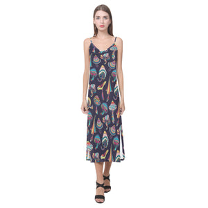 Colorful mushroom pattern V-Neck Open Fork Long Dress