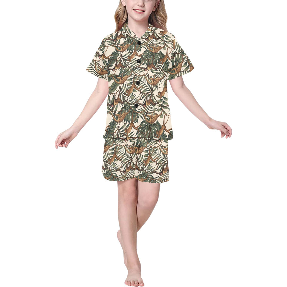 Monkey tropical leaves background Kids' Boys' Girls' V-Neck Short Pajama Set