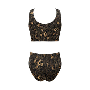 Gold peacock feather pattern Chest Bowknot High Waisted Bikini Swimsuit