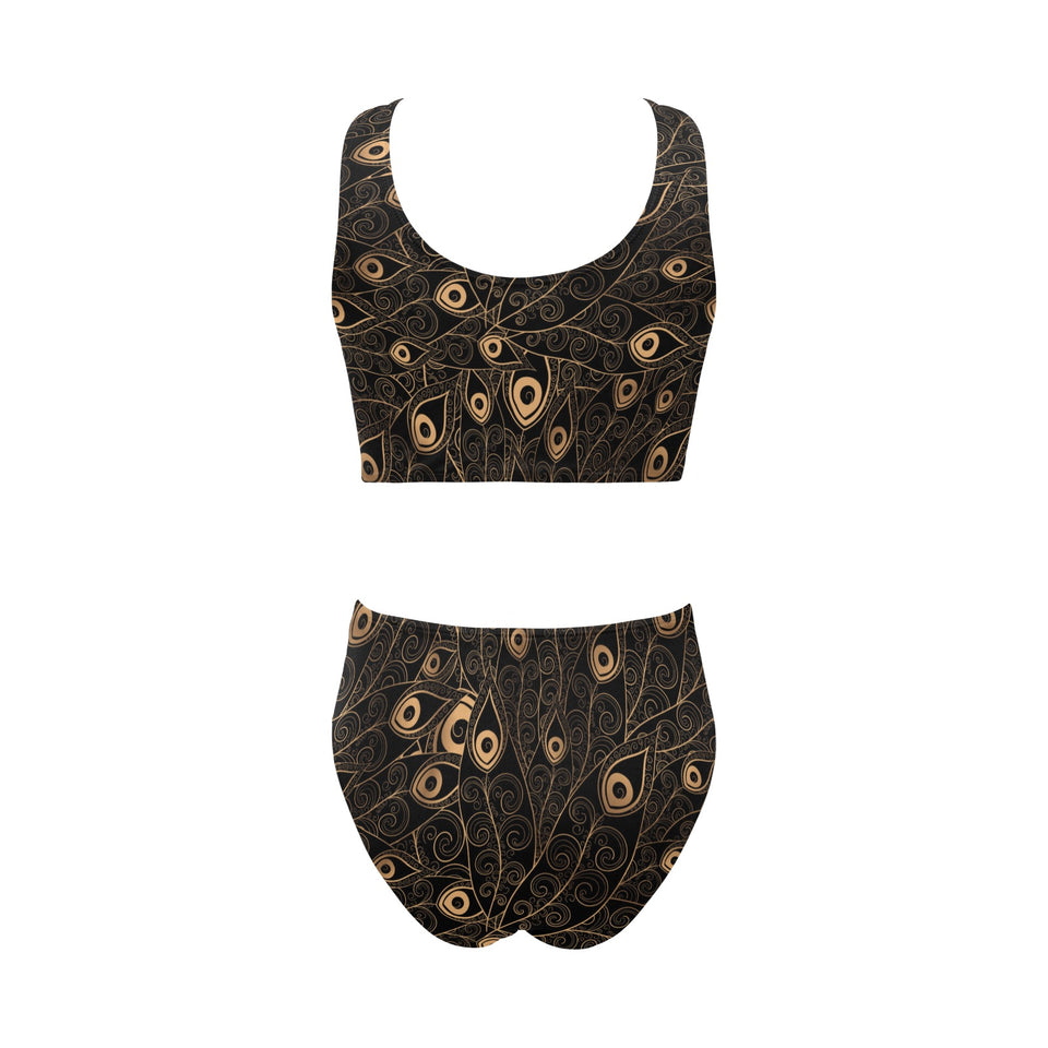 Gold peacock feather pattern Chest Bowknot High Waisted Bikini Swimsuit