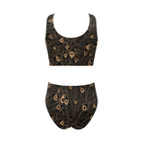 Gold peacock feather pattern Chest Bowknot High Waisted Bikini Swimsuit
