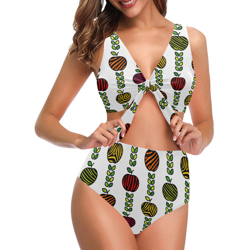 colorful apples leave zebra stripe Chest Bowknot High Waisted Bikini Swimsuit