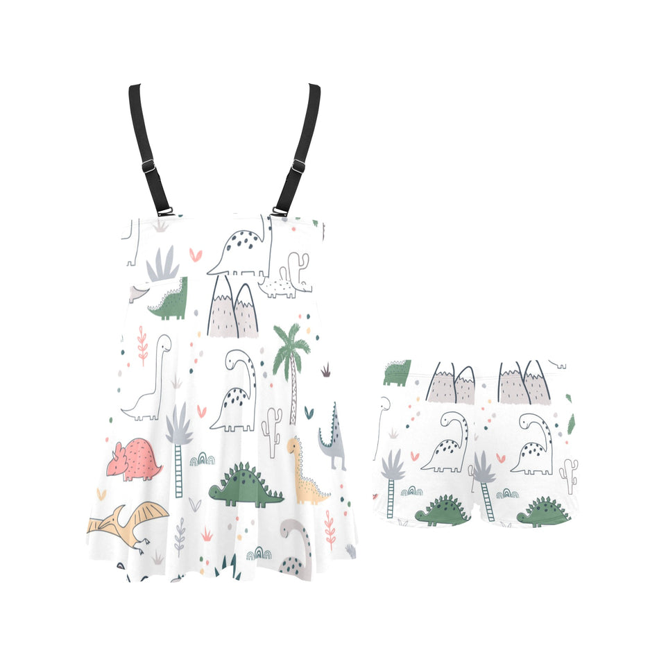 Cute cartoon dinosaurs tree pattern Chest Sexy Pleated Two Piece Swim Dress