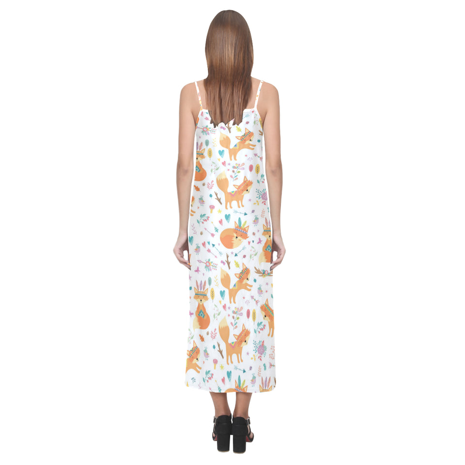 cute tribal fox pattern V-Neck Open Fork Long Dress