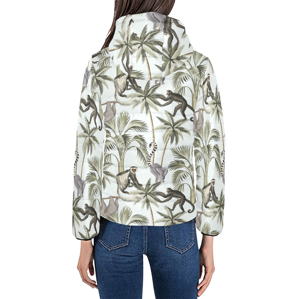 Monkey sloth lemur palm trees pattern Women's Padded Hooded Jacket