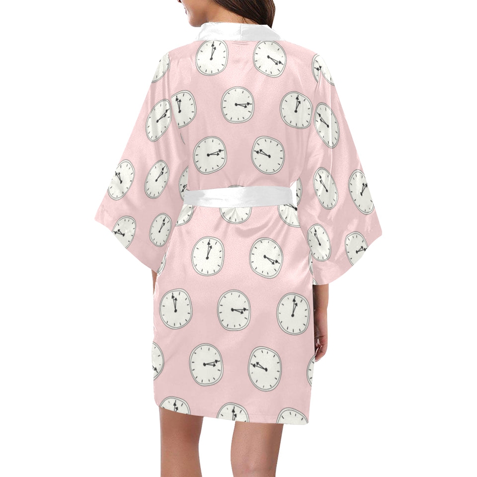 Clock pattern pink blackground Women's Short Kimono Robe