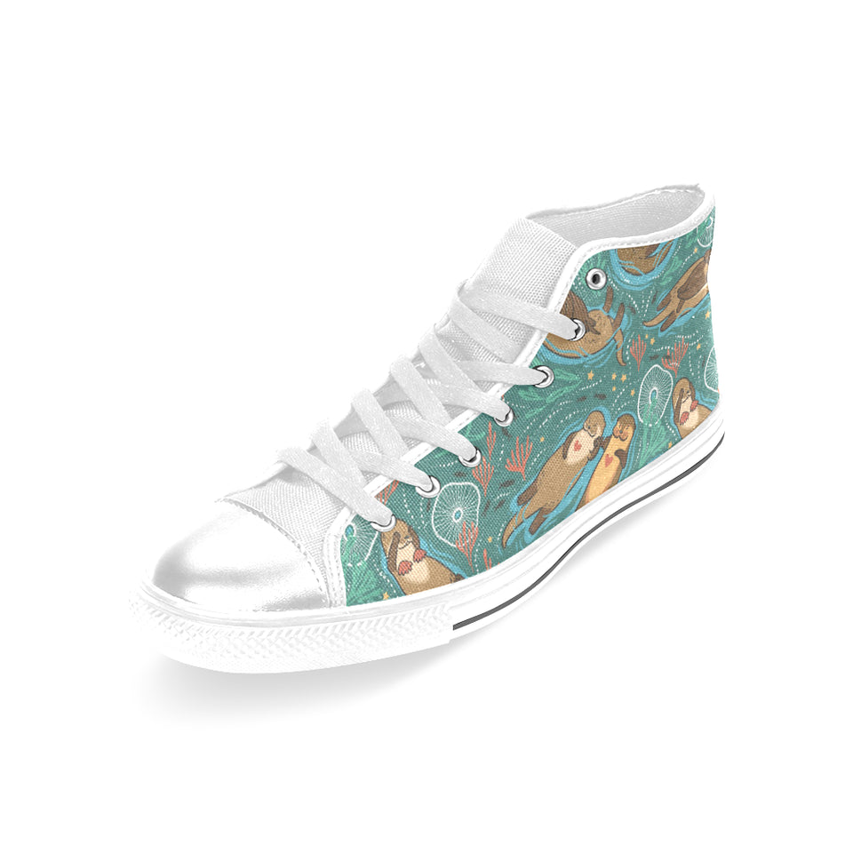 cute brown sea otters ornamental seaweed corals gr Women's High Top Canvas Shoes White