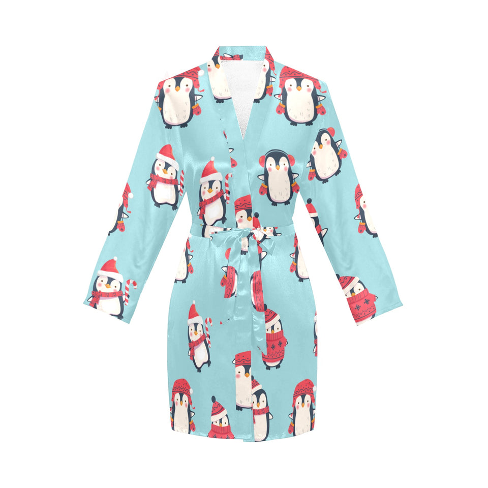 Cute penguin christmas design pattern Women's Long Sleeve Belted Night Robe