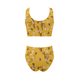 Bee flower pattern Chest Bowknot High Waisted Bikini Swimsuit
