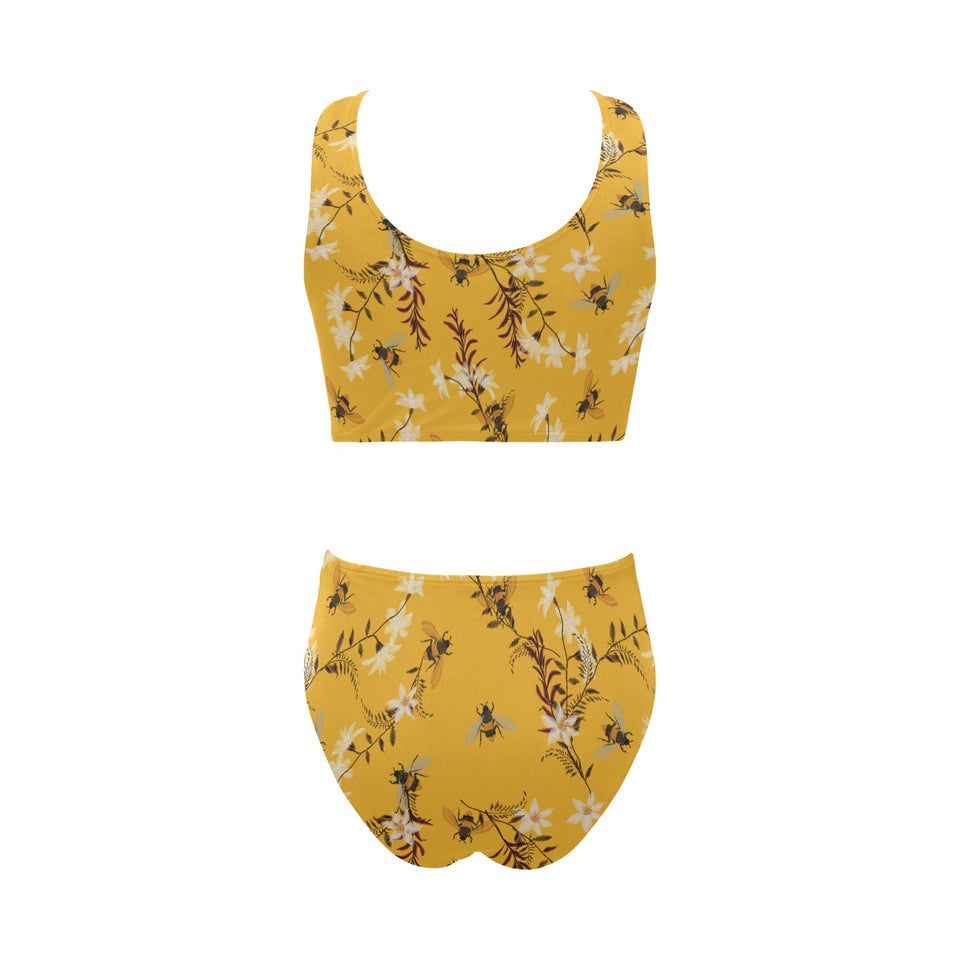 Bee flower pattern Chest Bowknot High Waisted Bikini Swimsuit