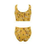 Bee flower pattern Chest Bowknot High Waisted Bikini Swimsuit