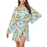 Hand drawn pizza blue background Women's Long Sleeve Belted Night Robe