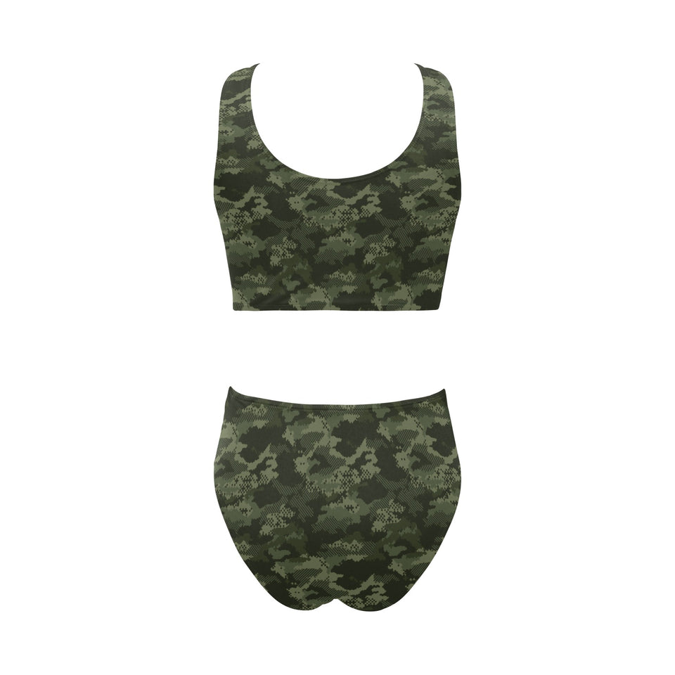 Digital Green camouflage pattern Chest Bowknot High Waisted Bikini Swimsuit