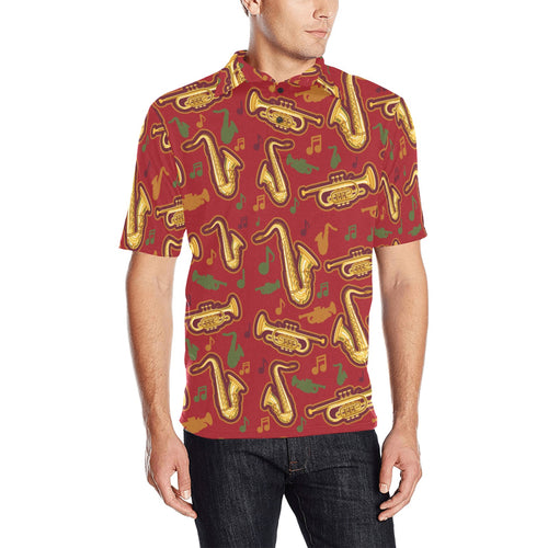 Saxophone cornet pattern red background Men's All Over Print Polo Shirt
