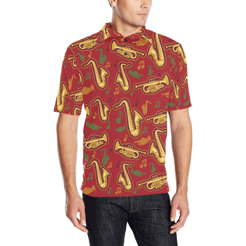 Saxophone cornet pattern red background Men's All Over Print Polo Shirt