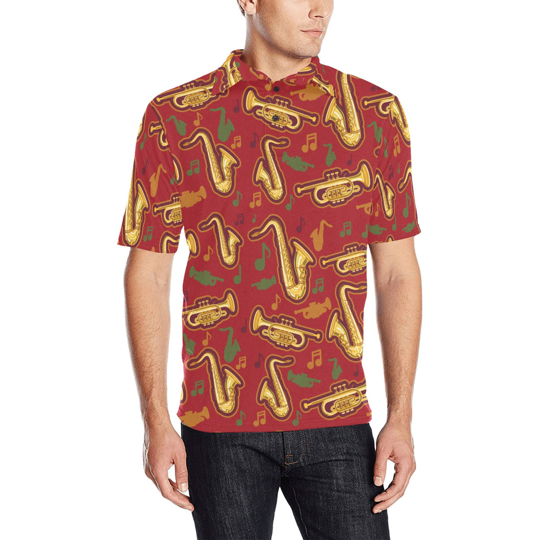 Saxophone cornet pattern red background Men's All Over Print Polo Shirt