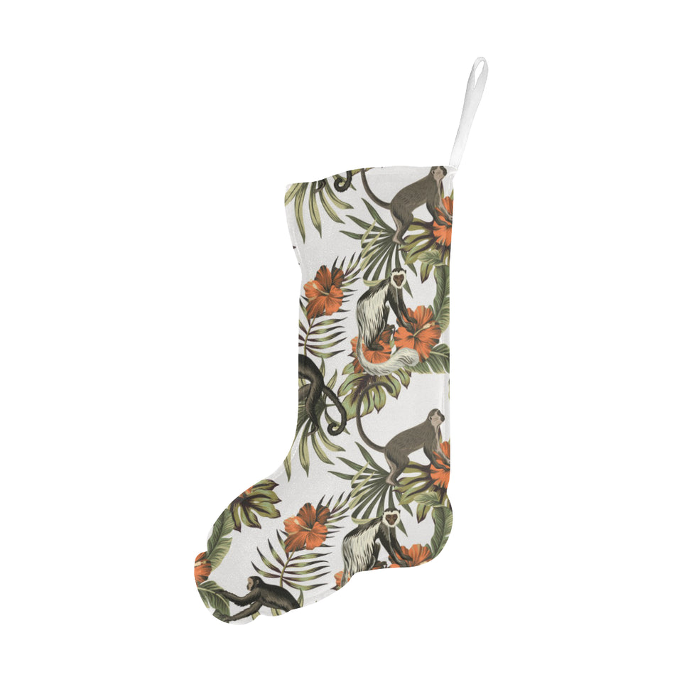 Monkey red hibiscus flower palm leaves floral patt Christmas Stocking