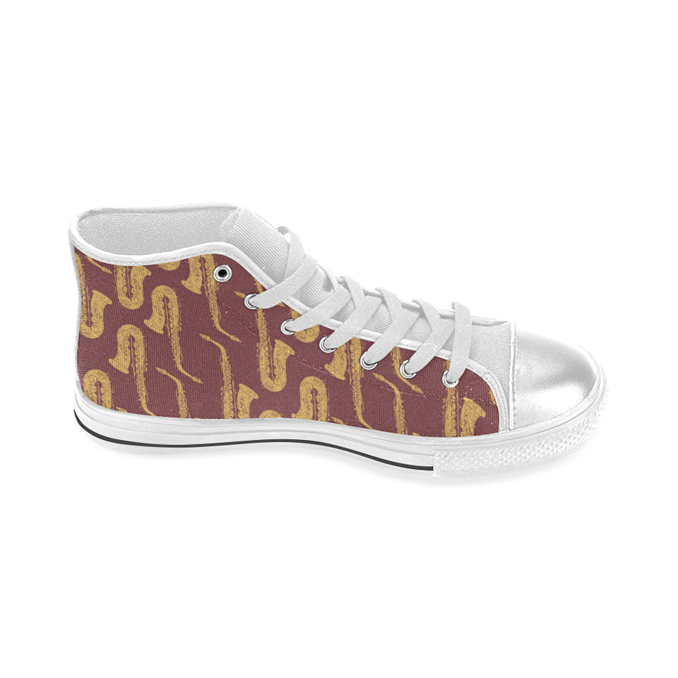 Hand drawn gold saxophone red background Women's High Top Canvas Shoes White