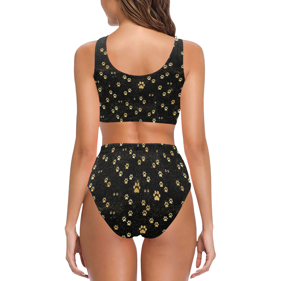 Dog Paws Pattern Print Design 05 Chest Bowknot High Waisted Bikini Swimsuit
