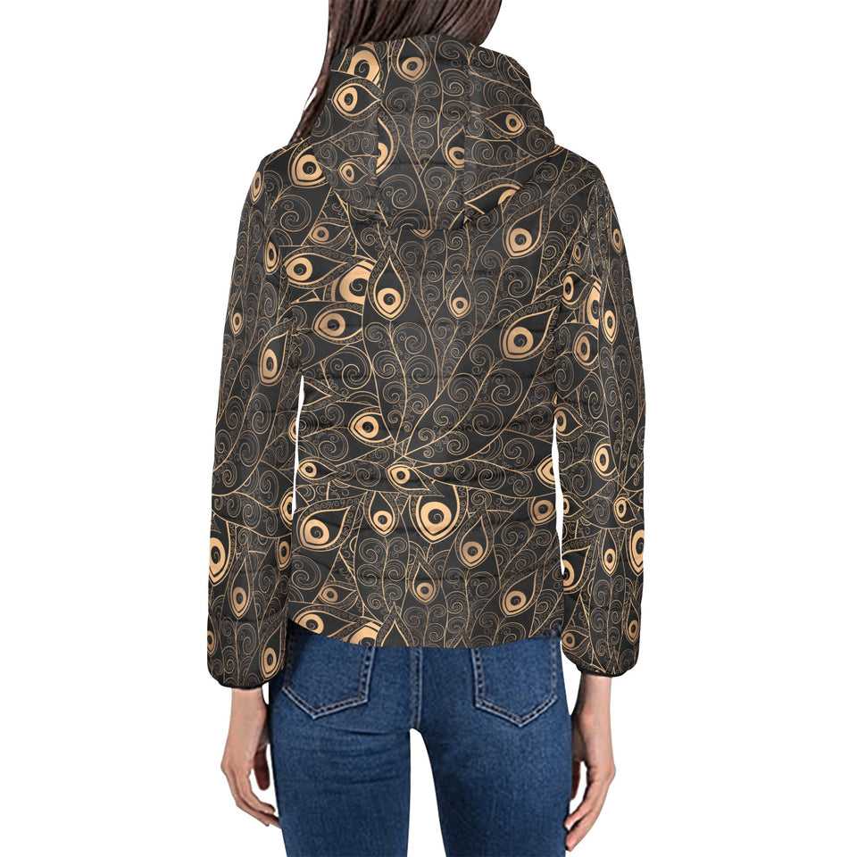 Gold peacock feather pattern Women's Padded Hooded Jacket