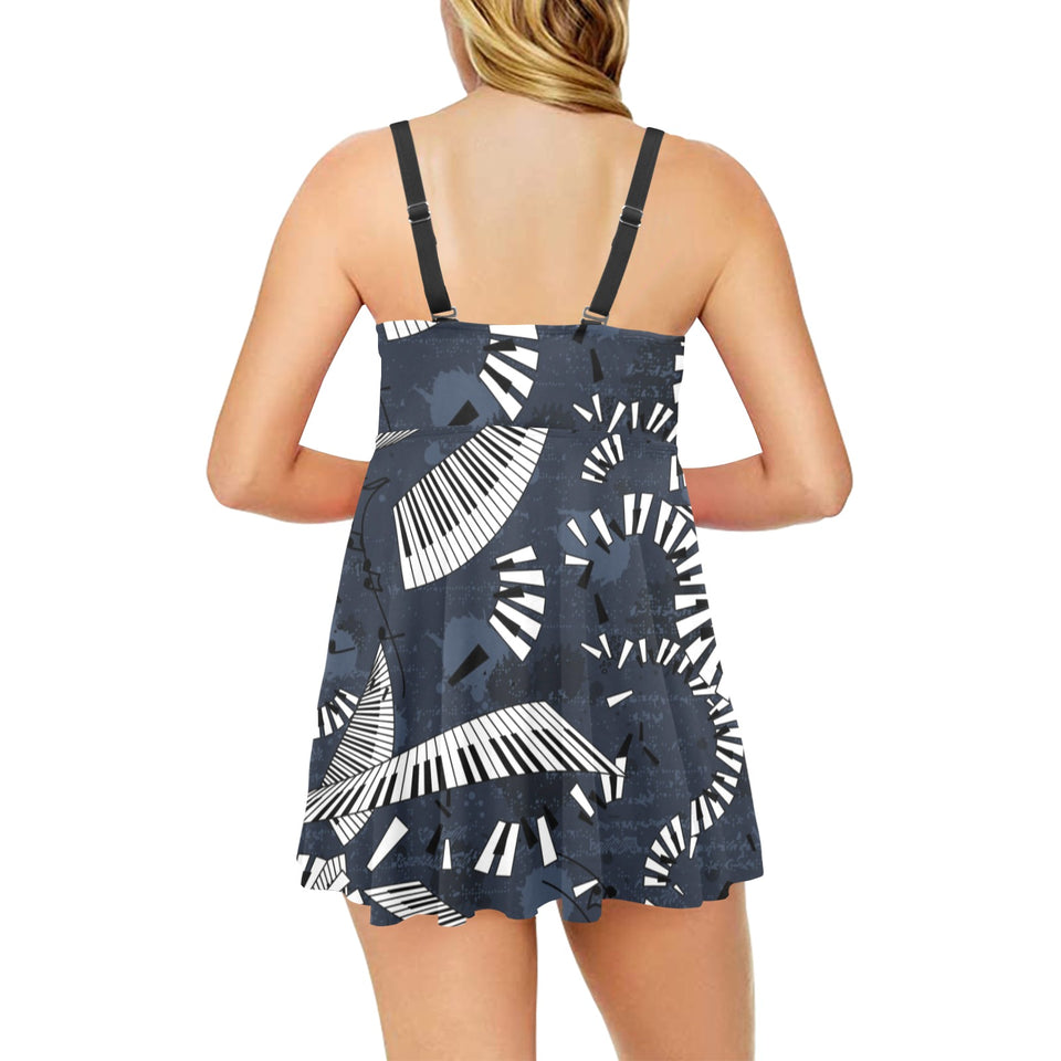 Piano Pattern Print Design 02 Chest Sexy Pleated Two Piece Swim Dress