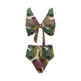 Japanese cranes flying forest dot pattern Chest Bowknot High Waisted Bikini Swimsuit