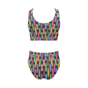Skate Board Pattern Print Design 02 Chest Bowknot High Waisted Bikini Swimsuit