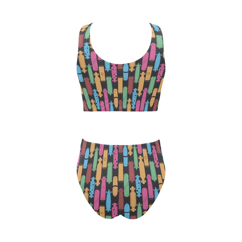 Skate Board Pattern Print Design 02 Chest Bowknot High Waisted Bikini Swimsuit