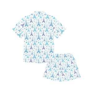 Blue Eiffel Tower Theme Pattern Print Design 01 Kids' Boys' Girls' V-Neck Short Pajama Set