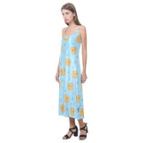 Brown cute pomeranian blue blackground V-Neck Open Fork Long Dress
