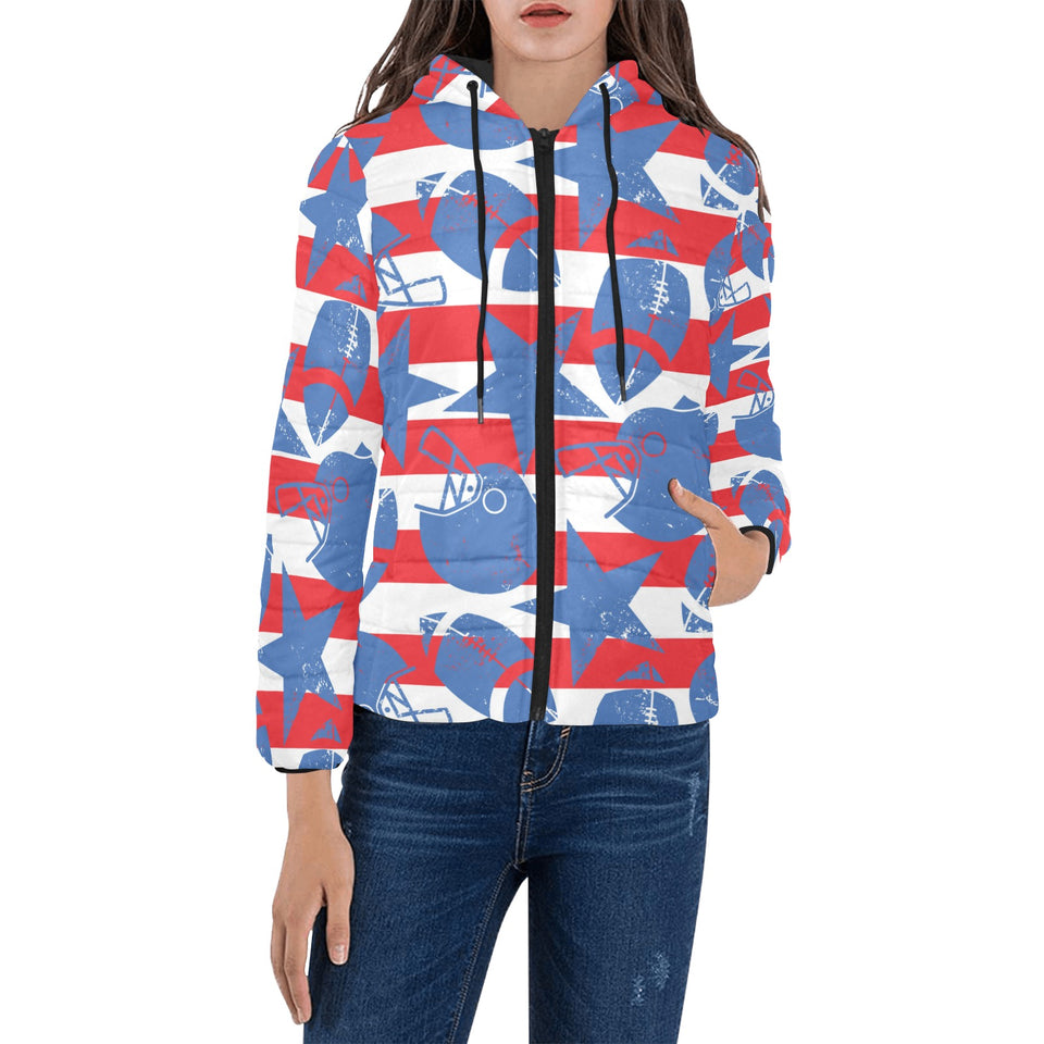 American football ball star stripes pattern Women's Padded Hooded Jacket