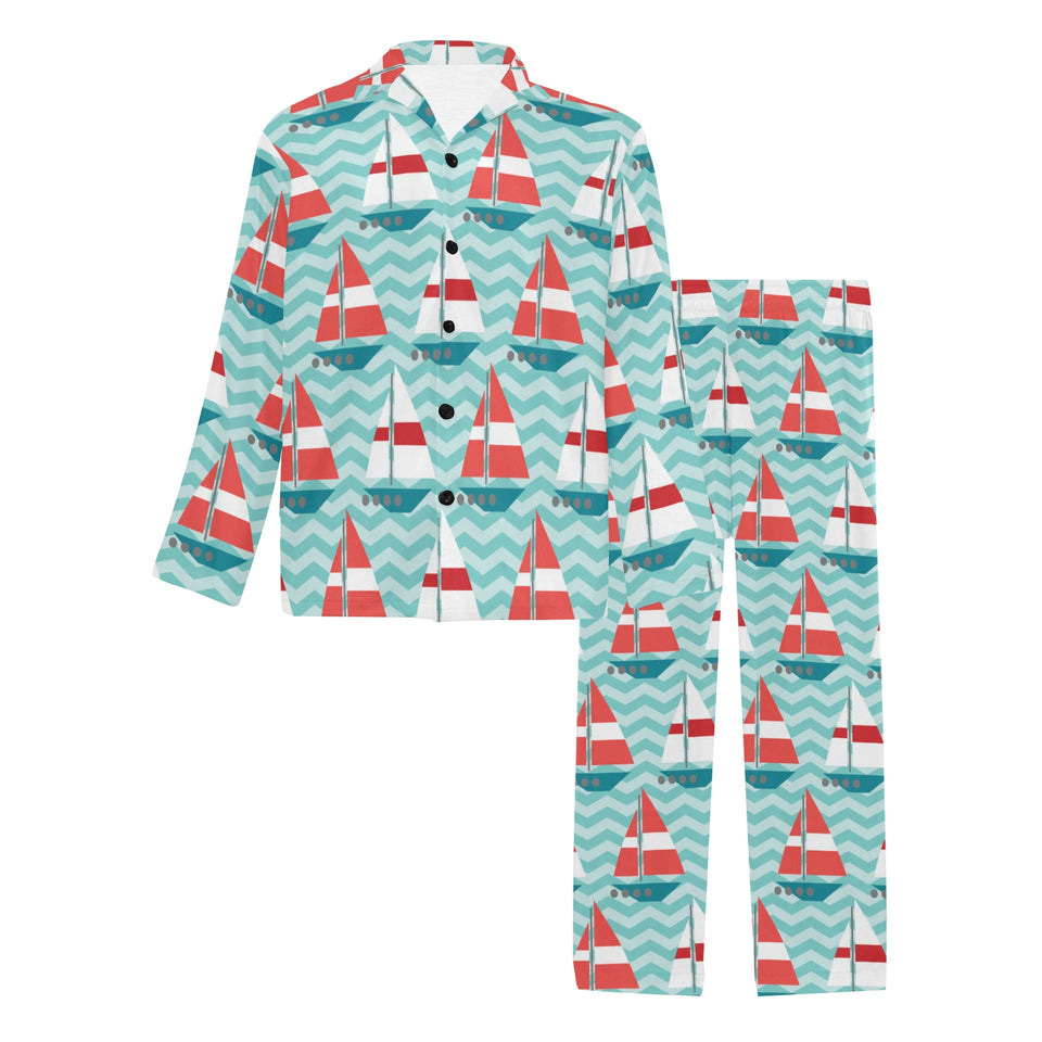Red White sailboat wave background Men's Long Pajama Set