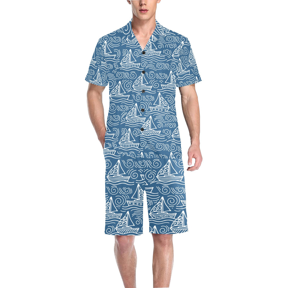 Hand drawn sailboat pattern Men's V-Neck Short Pajama Set