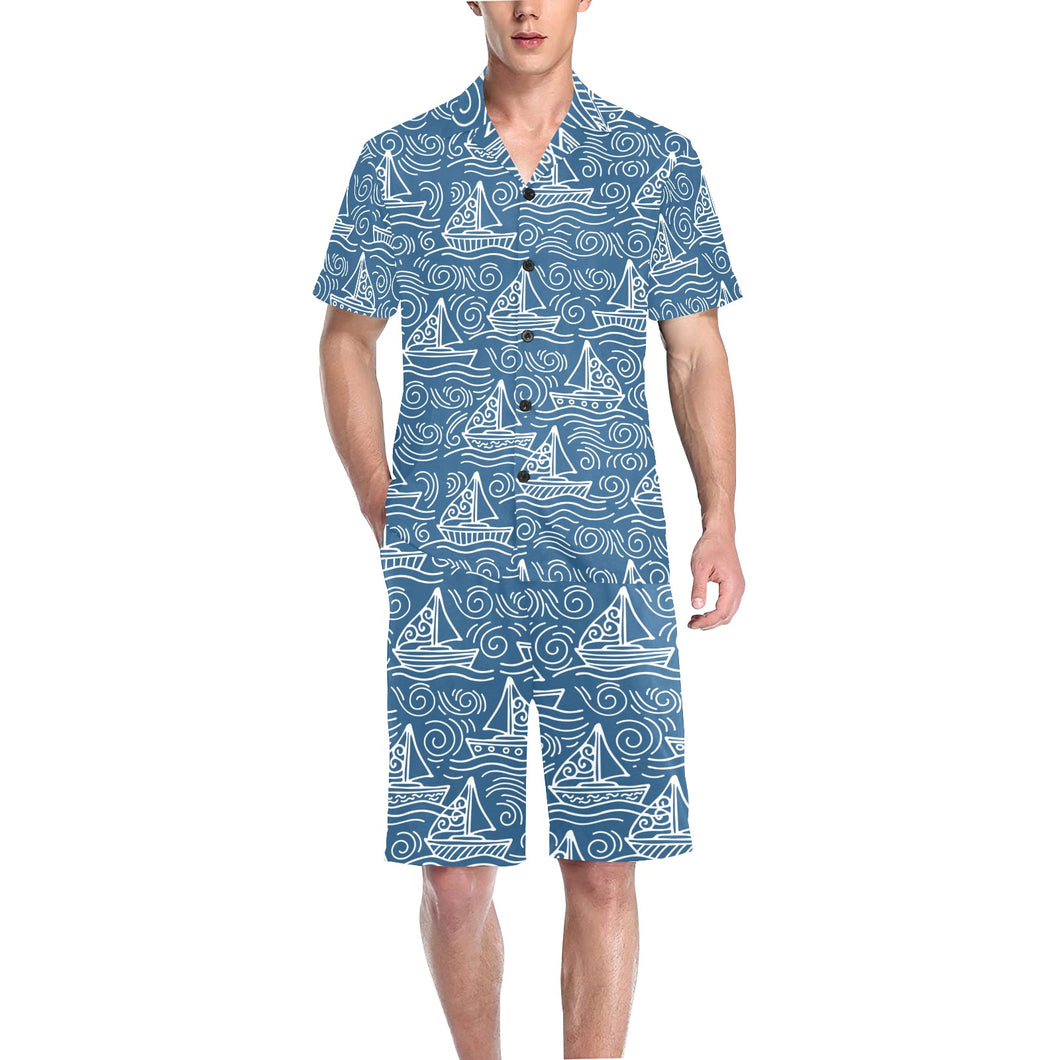 Hand drawn sailboat pattern Men's V-Neck Short Pajama Set